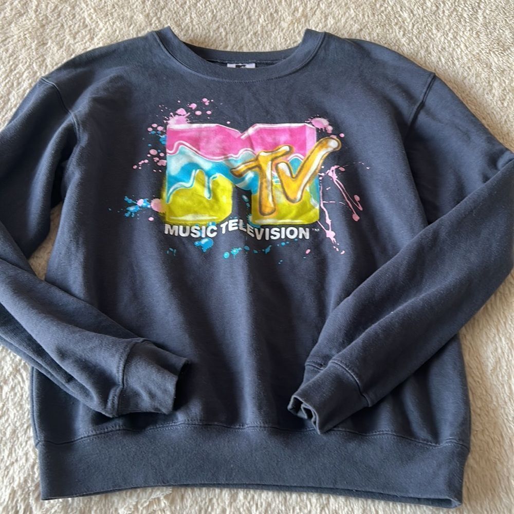 MTV logo blue gray pullover size small (3-5) - Picture 16 of 16